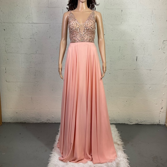 NEW JOVANI JVN60467 embellished V neckline A line chiffon maxi gown dress pink 0 - Picture 5 of 12